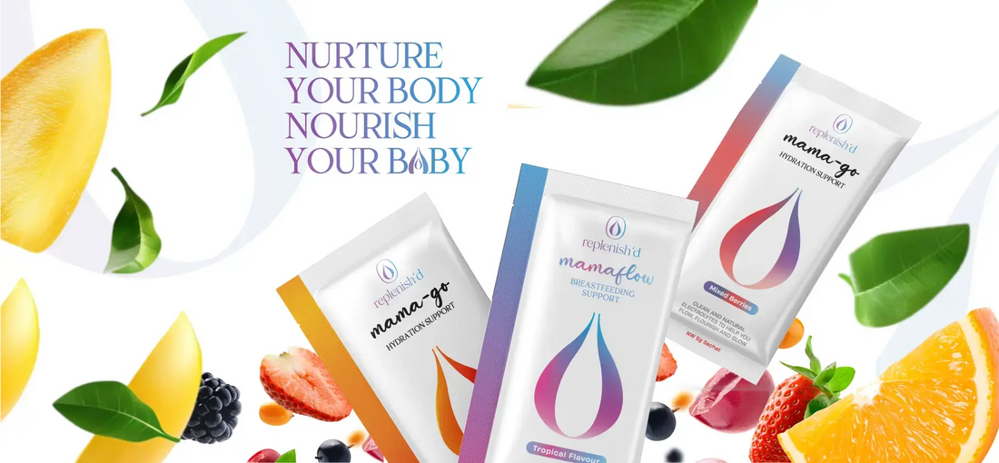 Replenish'd products showing sachets for breastfeeding and hydration support