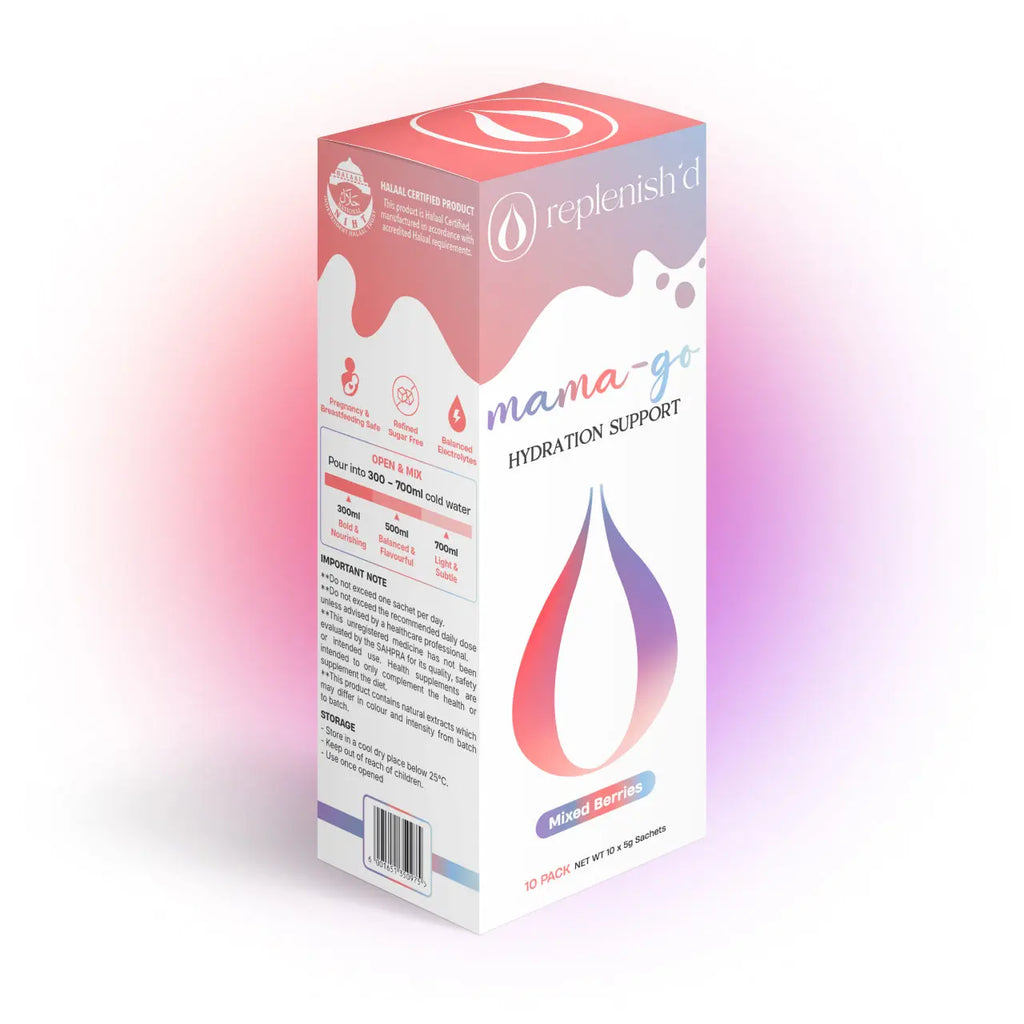 Box of 'replenish' mama-go hydration support on a gradient background