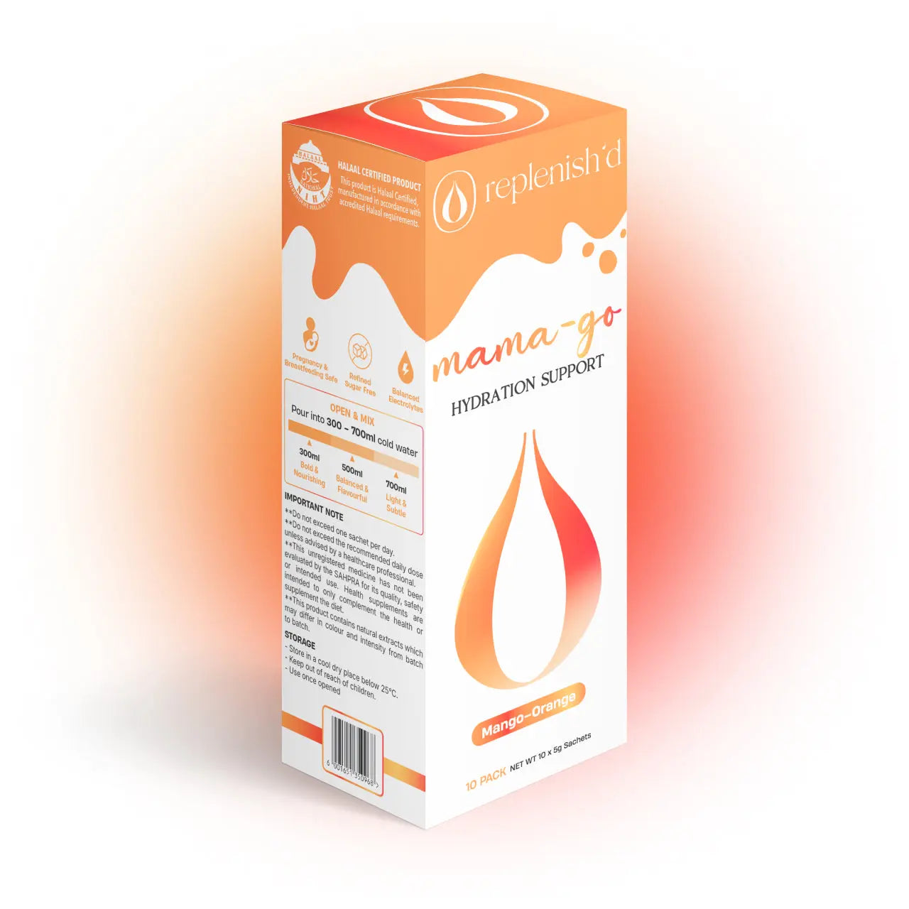 Box of Replenish Ltd Mama-go hydration support drink mix on a gradient background