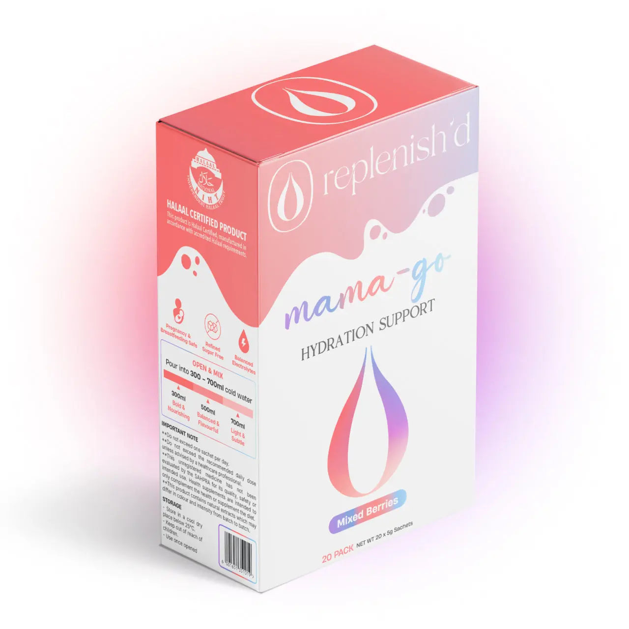 Box of 'replenish'd mama-go' hydration support on a white background