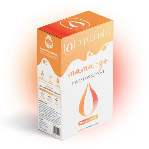 Replenish'd Mama-Go electrolyte hydration drink, mango orange flavor, box of 20 sachets