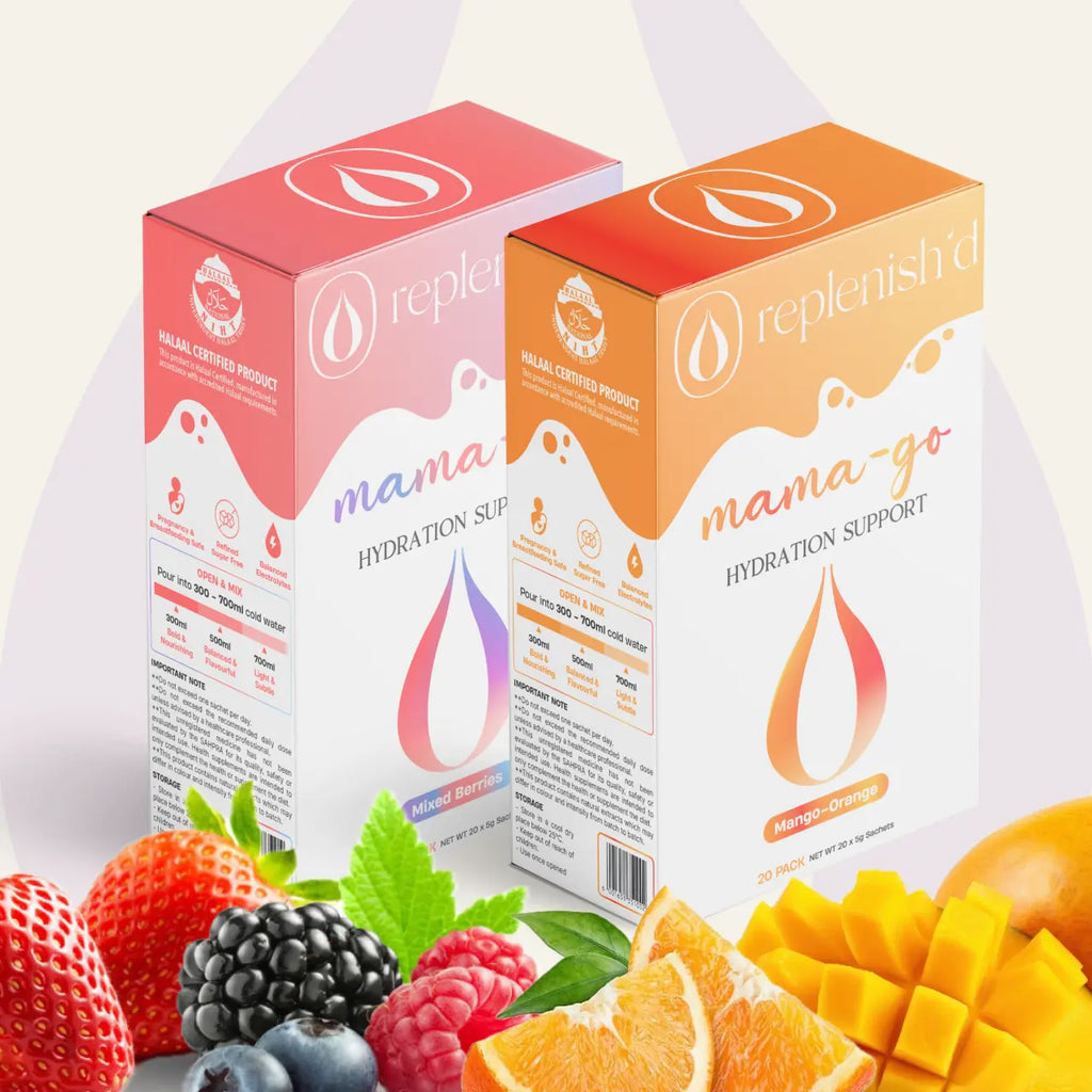 Two boxes of 'mama-go' hydration support with fruits and vegetables on a white background
