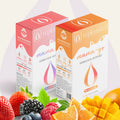 Two boxes of 'mama-go' hydration support with fruits and vegetables on a white background