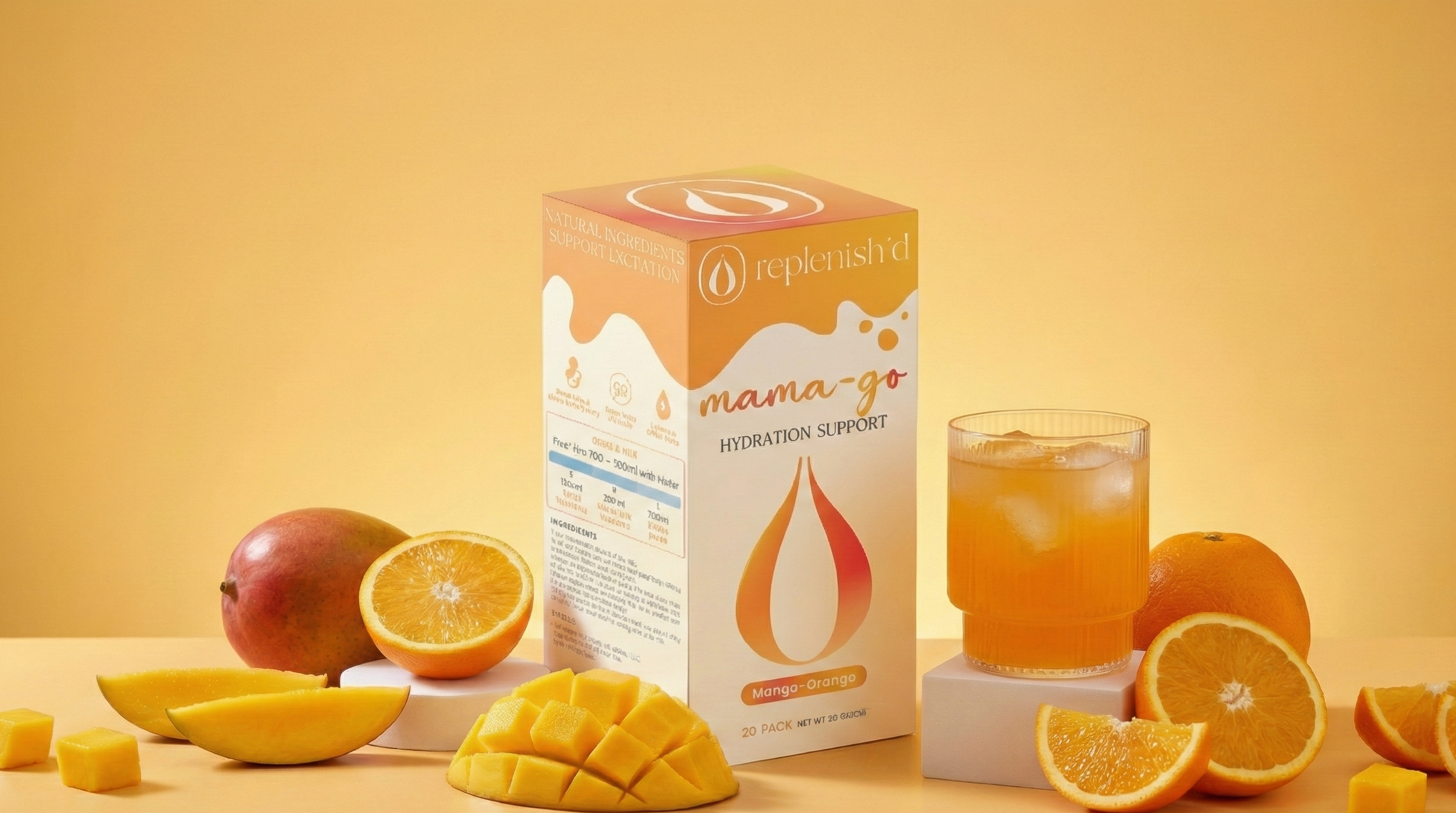 Epinash drink box with mangoes, oranges, and a glass of juice on a yellow background