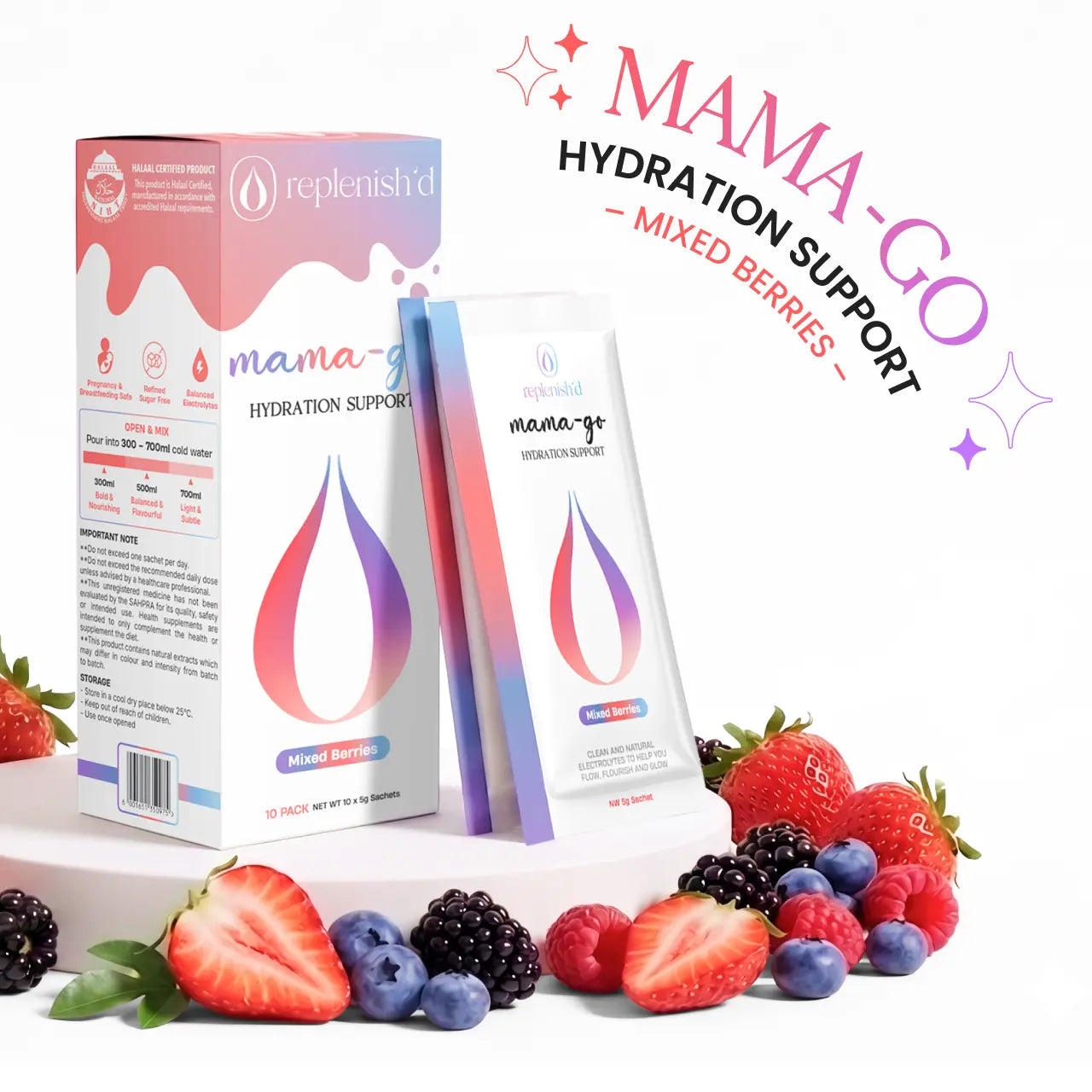 Mama-go hydration support packaging with mixed berries on a white background