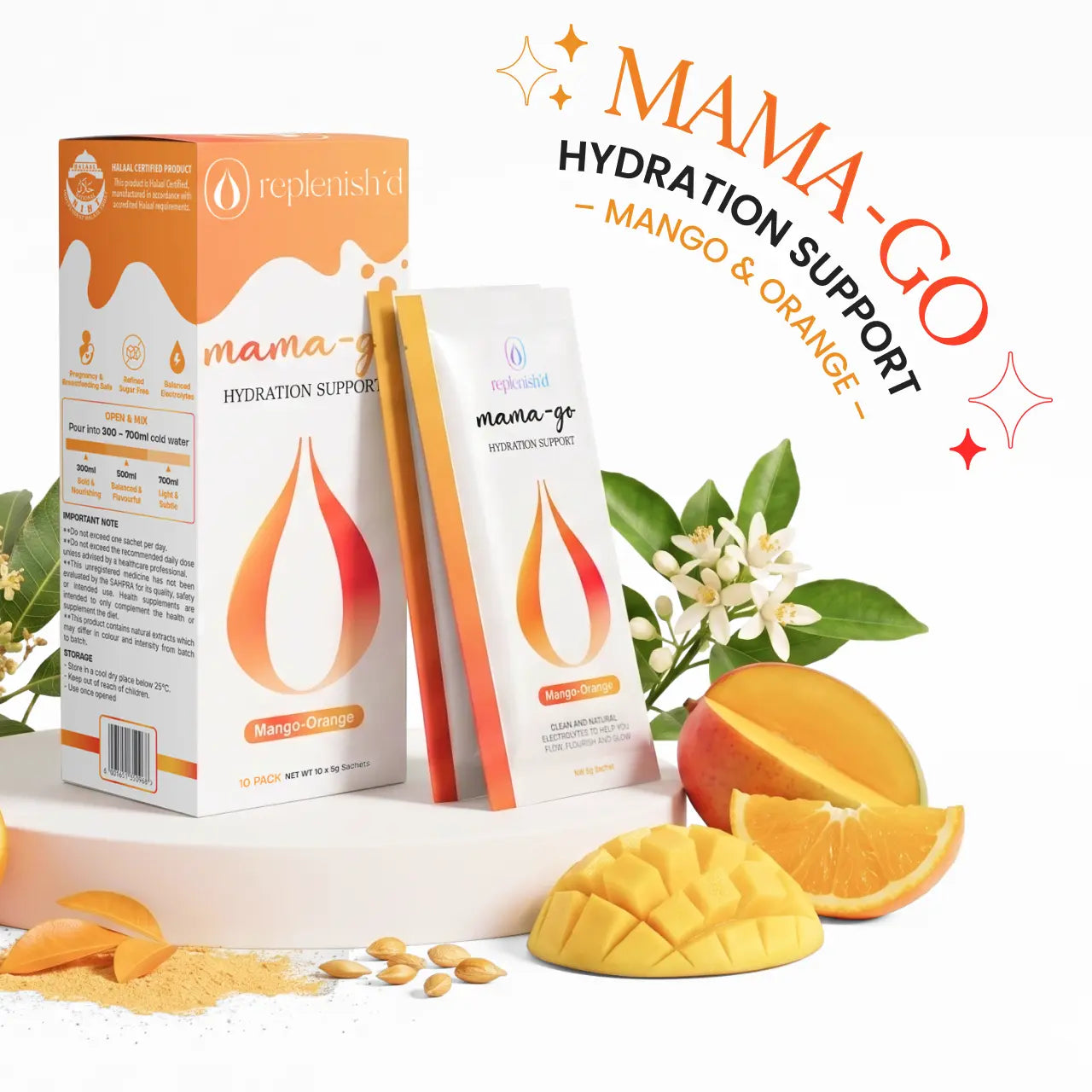 Mama-Go hydration support packaging with mango and orange elements on a white background