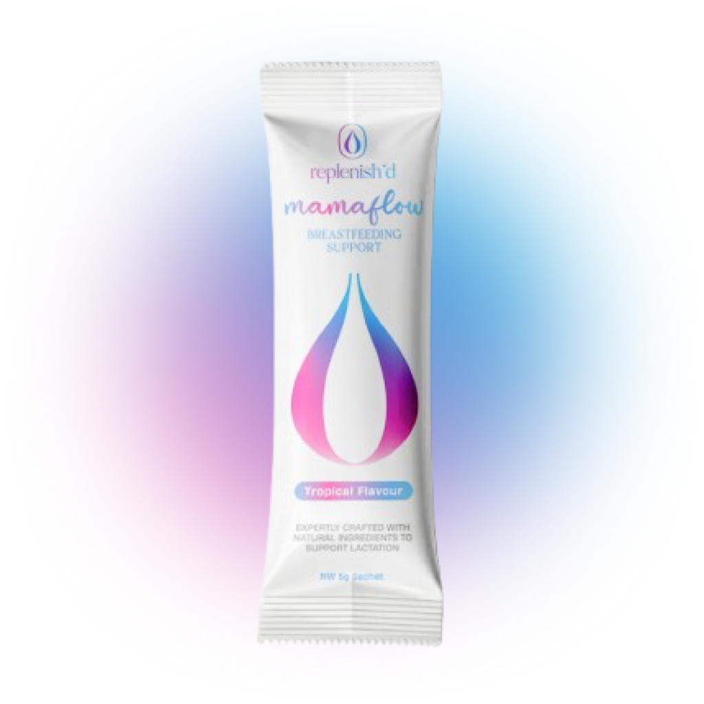 Replenish'd Mama-flow breastfeeding support single sachet on a gradient background