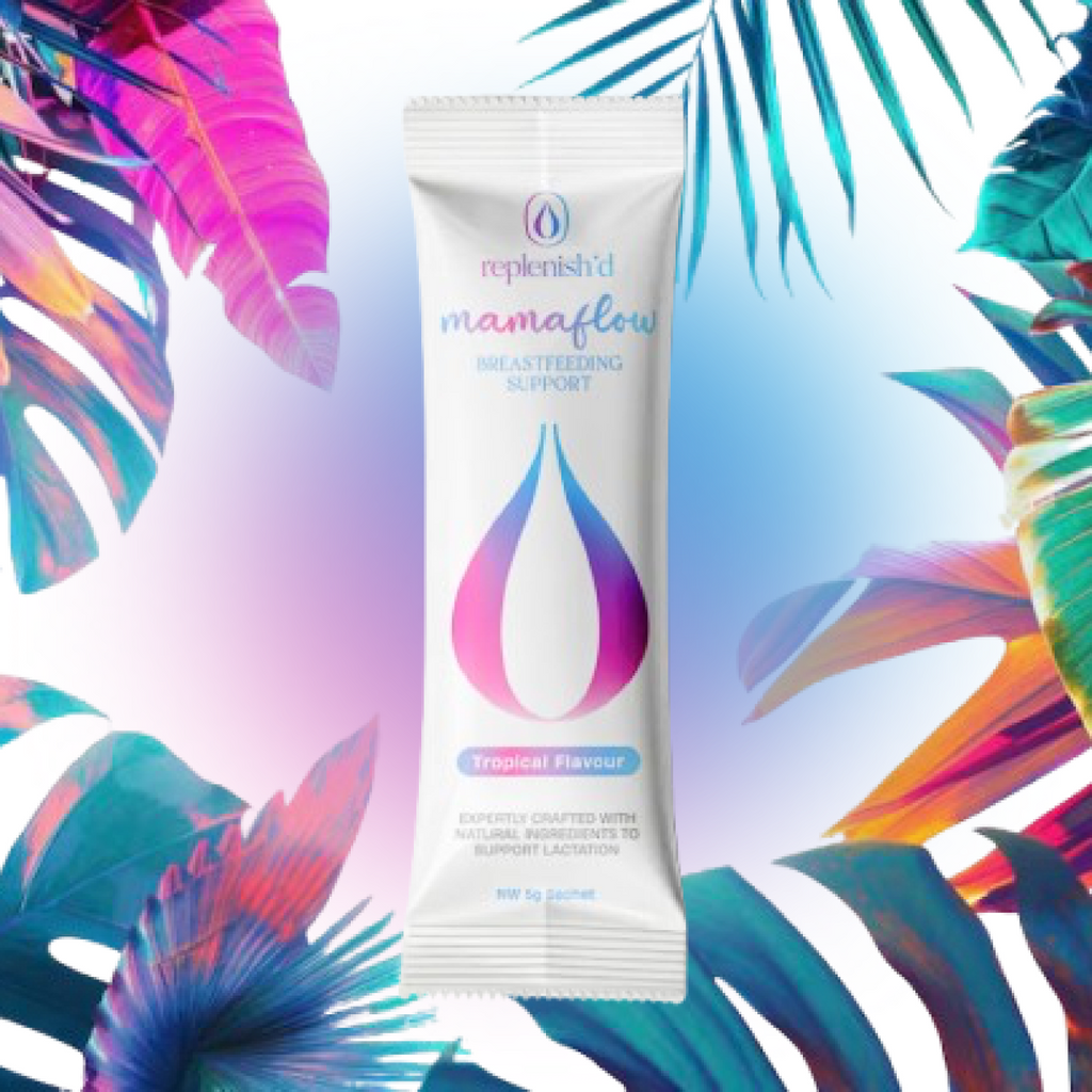 Sachet of Replenish'd Mama-flow breastfeeding support with colourful leaf background