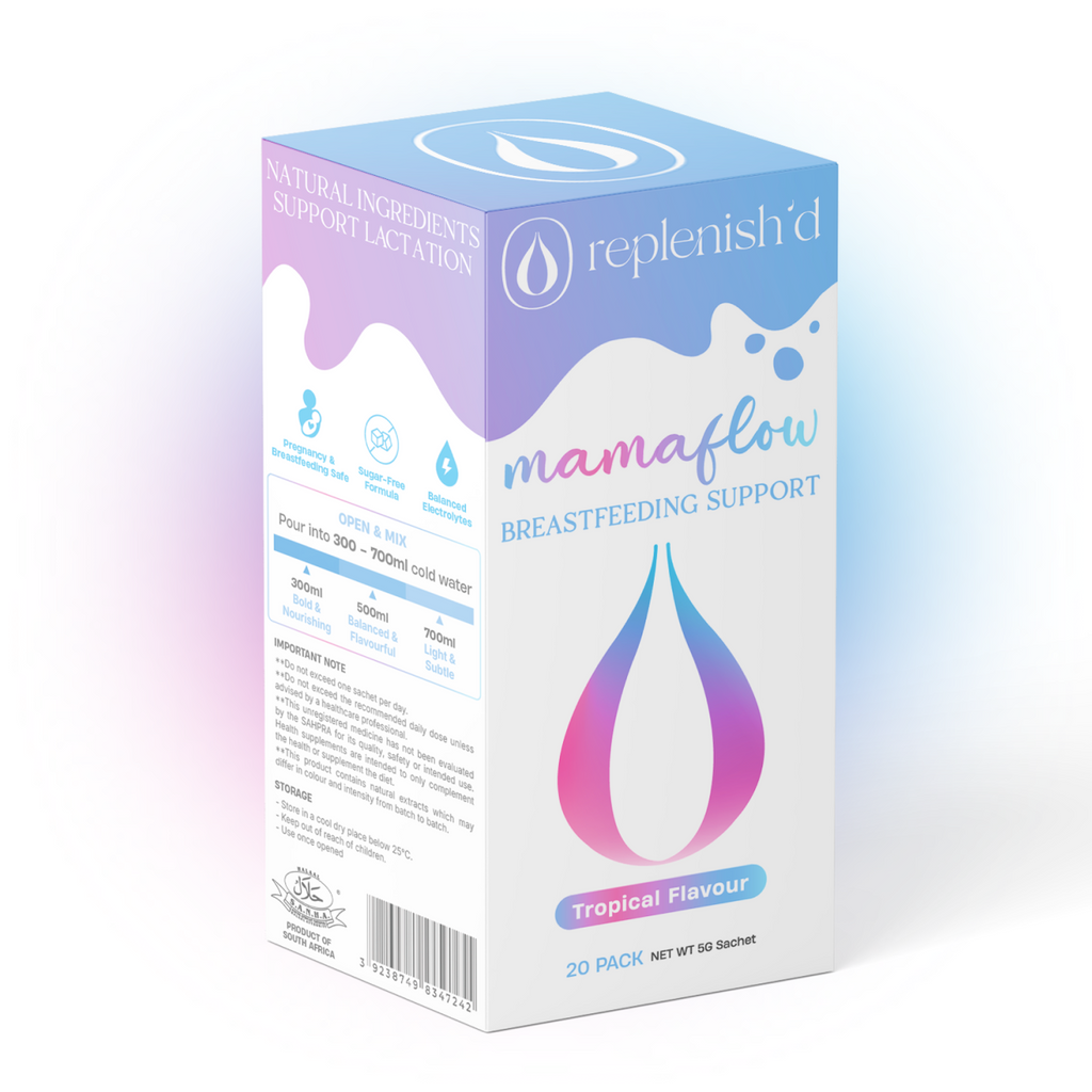 Box of Replenish'd Mama-flow Breastfeeding Support with gradient design on a white background