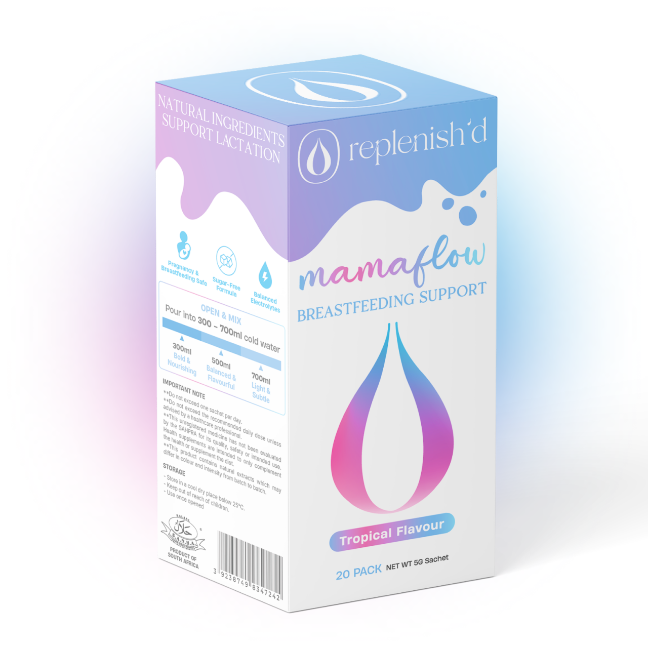 Box of Replenish'd Mama-flow Breastfeeding Support with gradient design on a white background