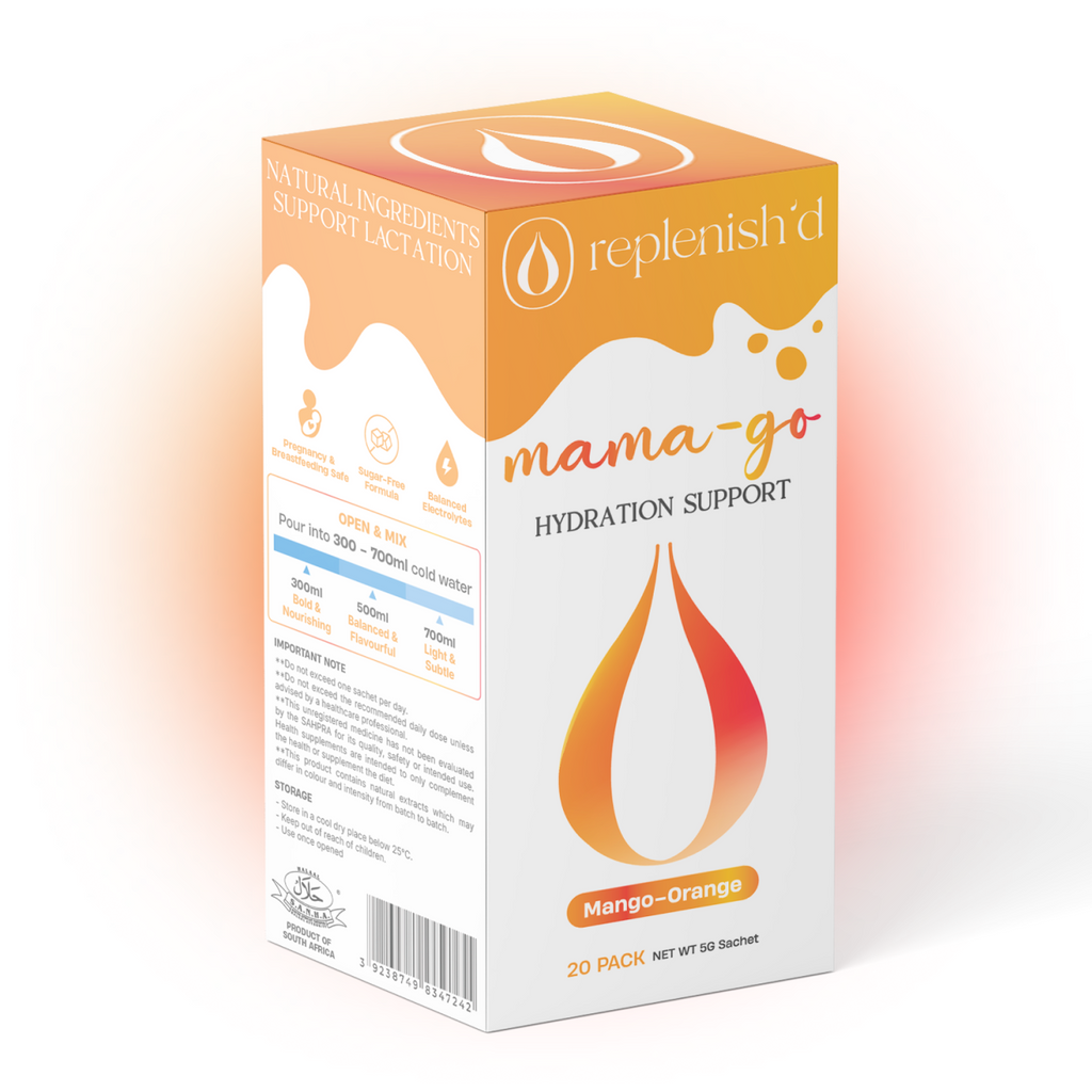Box of Replenish'd mama-go hydration support box with mango-orange flavour on a white background