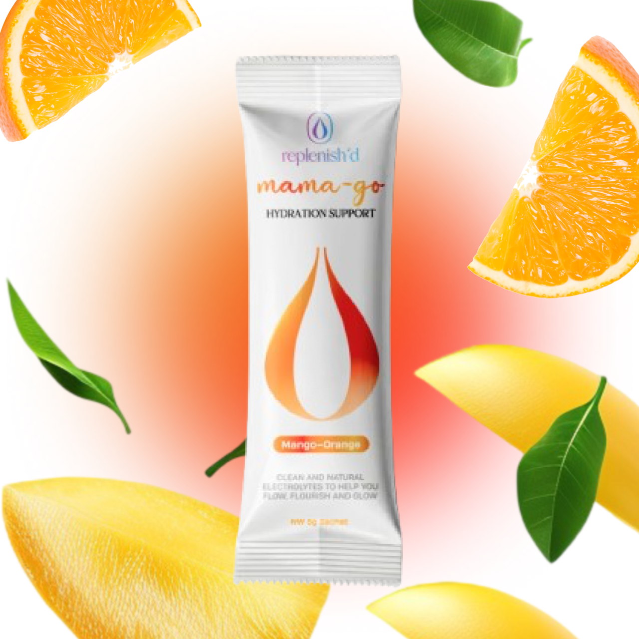 Replenish'd Mama-go hydration support sachet with mango and orange slices on a gradient background