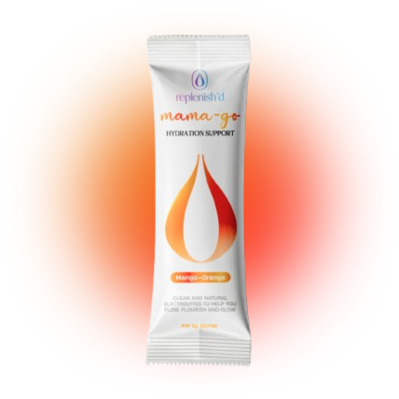 Replenish'd Mama-go hydration support sachet with a white orange gradient background