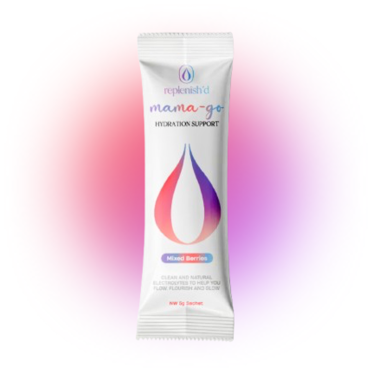 Replenish Mama-go hydration mixed berries support sachet on a white purple gradient background