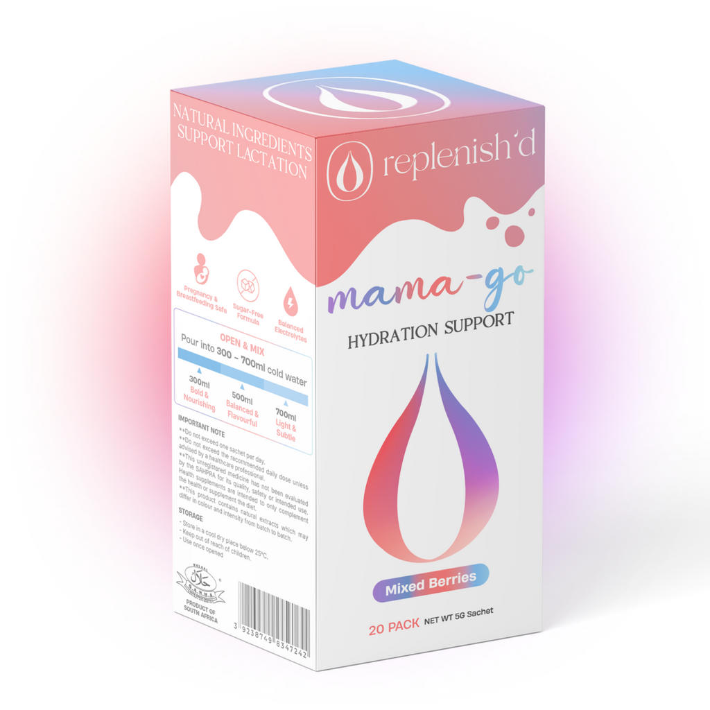 Box of Replenish'd mama-go hydration support with colourful design on a white background